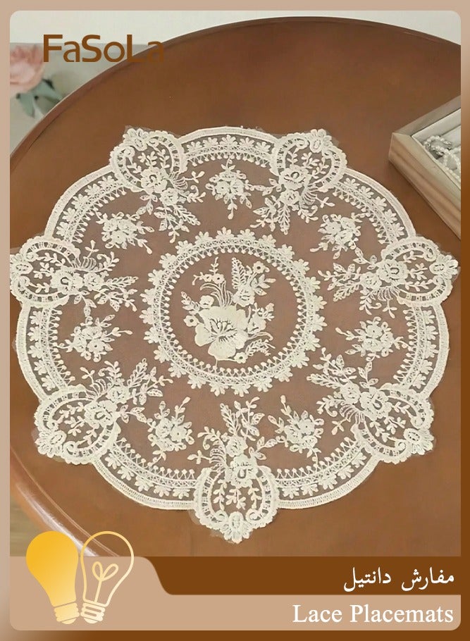 Fasola Lace Placemats, 1 Piece 33cm Round Table Mats, Milk Silk Embroidered Cup Mat, Vintage French Style Vase Mat for Home Wedding Bedside Decor, Elegant Hollow Out Aesthetic Room Decor (Apricot) - Image 1